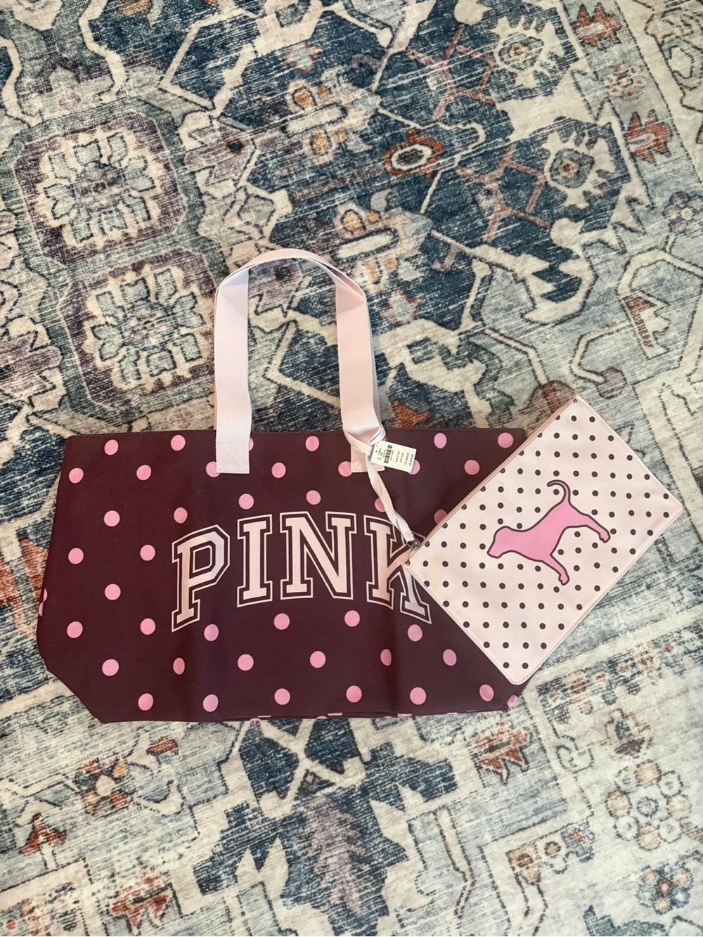 PINK Victoria's Secret Maroon Canvas Tote with Pink Zipper Pouch